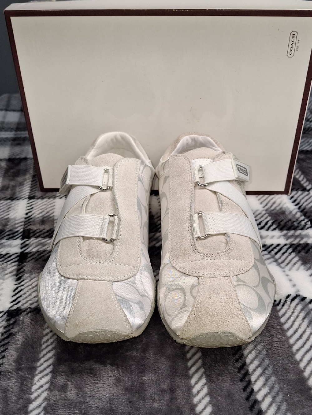 Vintage Coach Women's White and Gray Signature Velcro Sneakers
